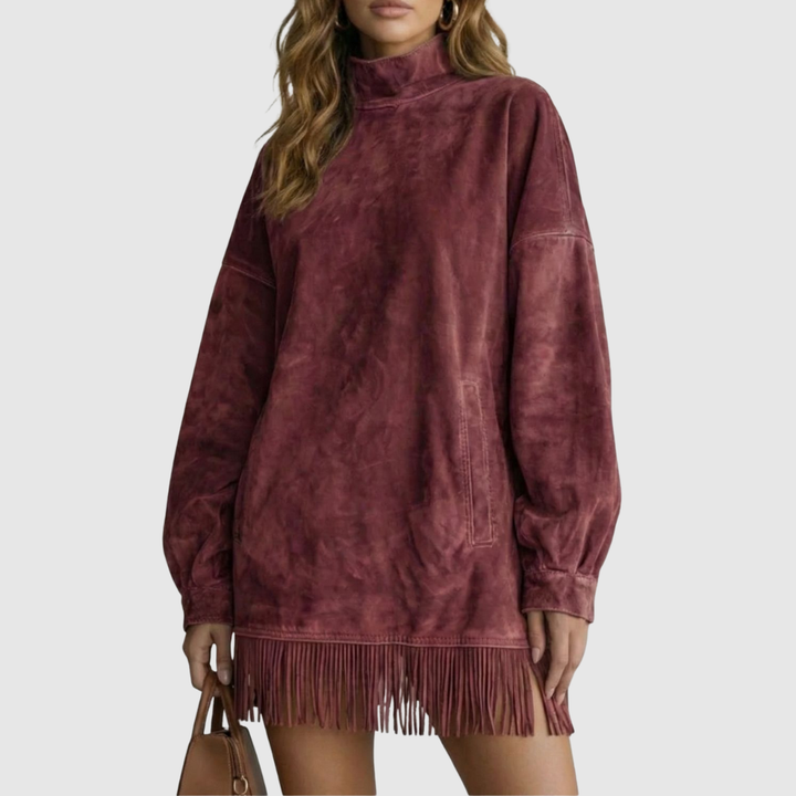 Viretta | Suede Fringe Detail Turtleneck Mini Dress