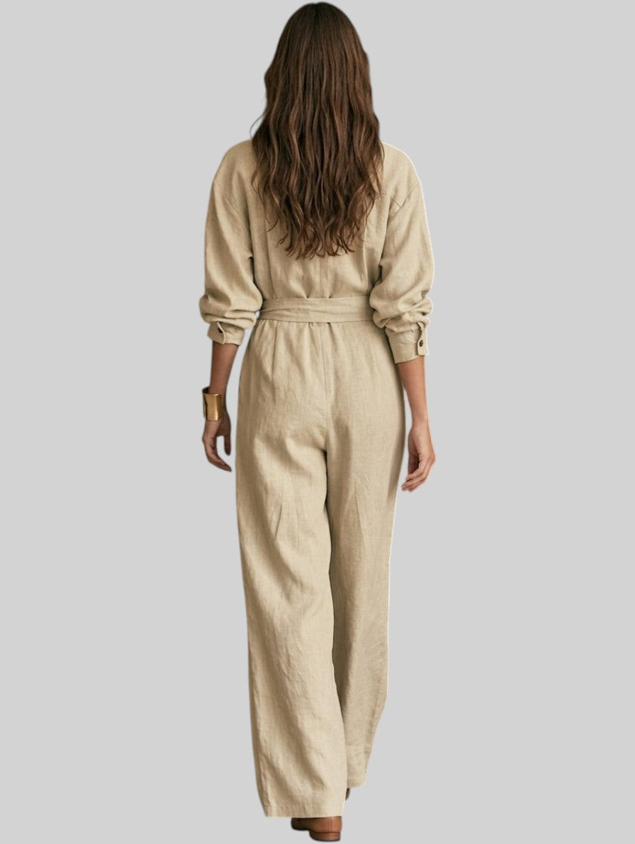 Naomi Khaki Cotton-Linen Jumpsuit - back
