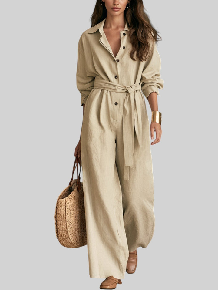 Naomi Khaki Cotton-Linen Jumpsuit - front