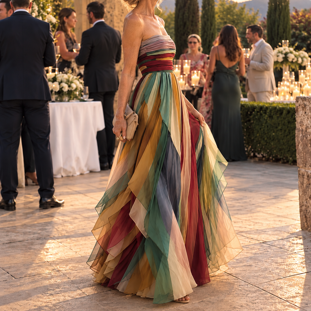 Jada | Striped Strapless Pleated Maxi Dress