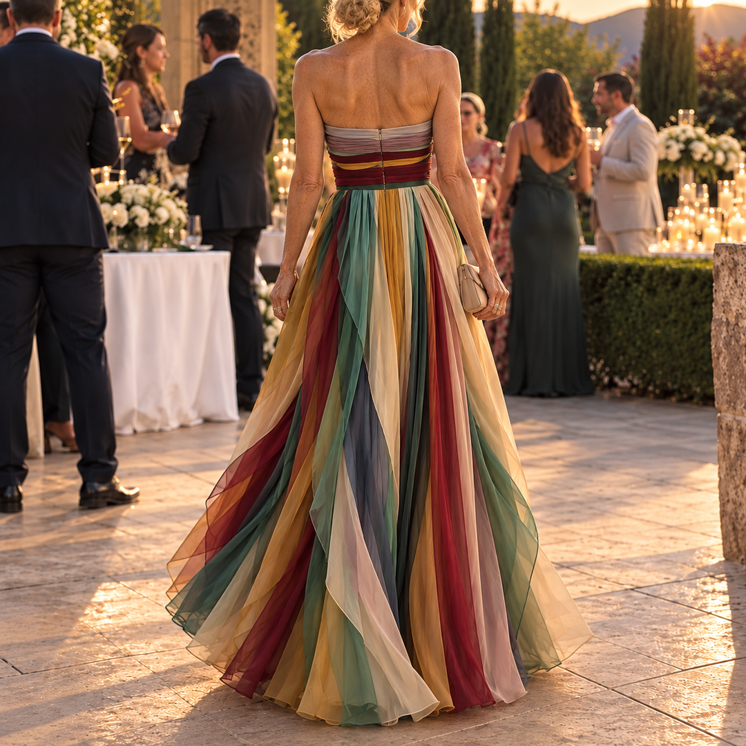 Jada | Striped Strapless Pleated Maxi Dress