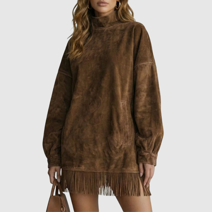 Viretta | Suede Fringe Detail Turtleneck Mini Dress