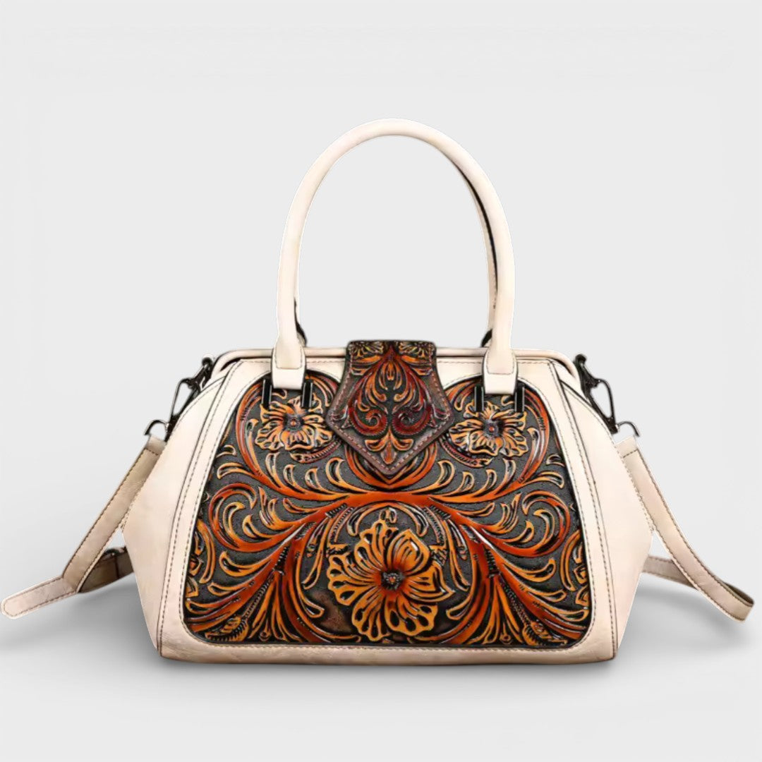 Florina - Leather Handbag with Engraving and Floral Pattern