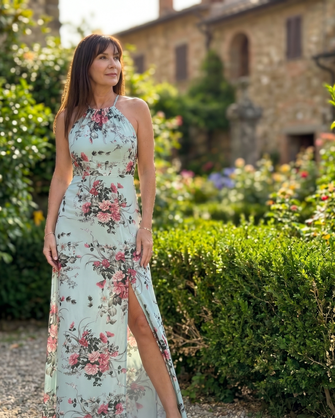 Loliane | Floral Halter Neck Side Slit Maxi Dress