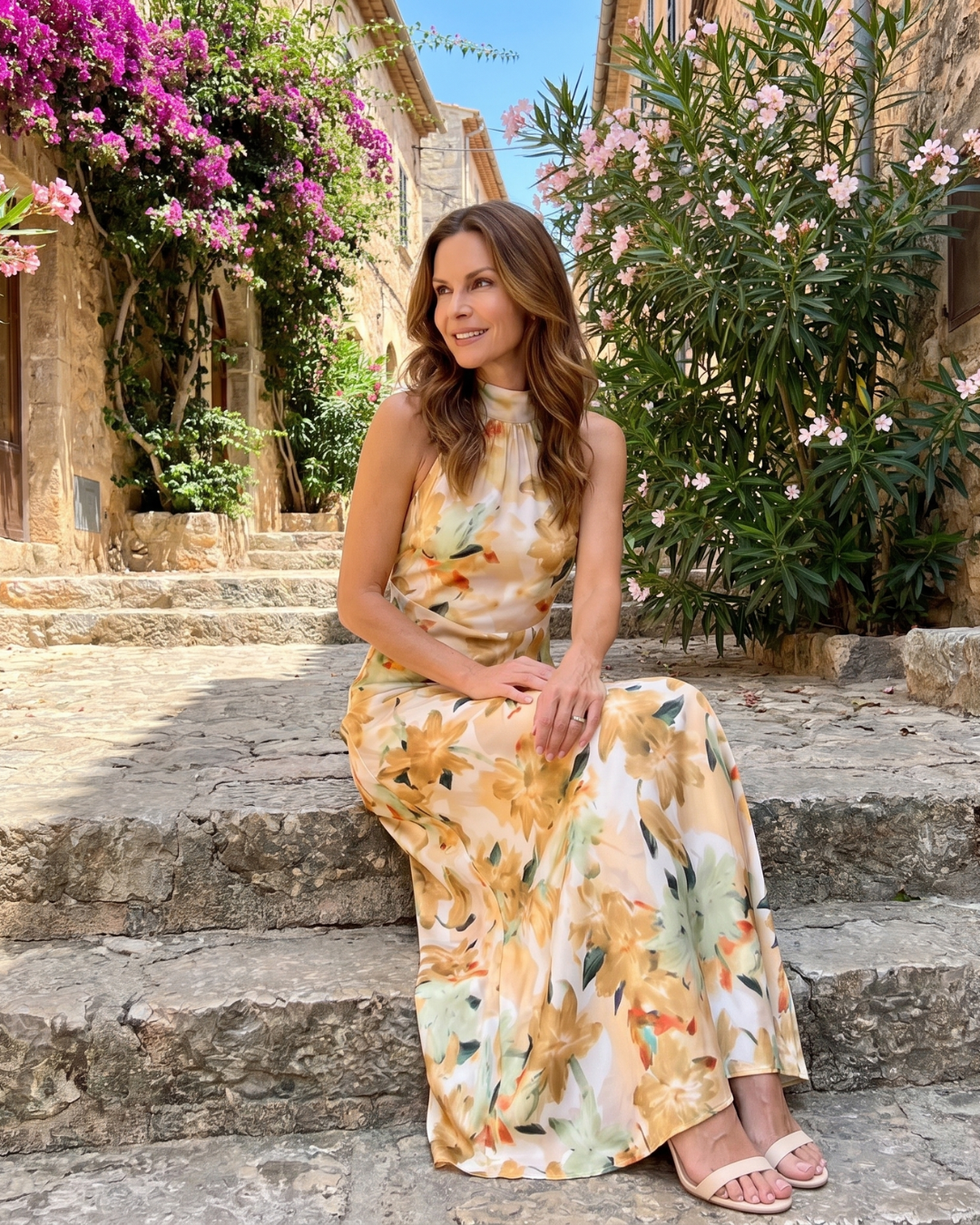Cekel | Botanical Print Halter Neck Flowing Maxi Dress