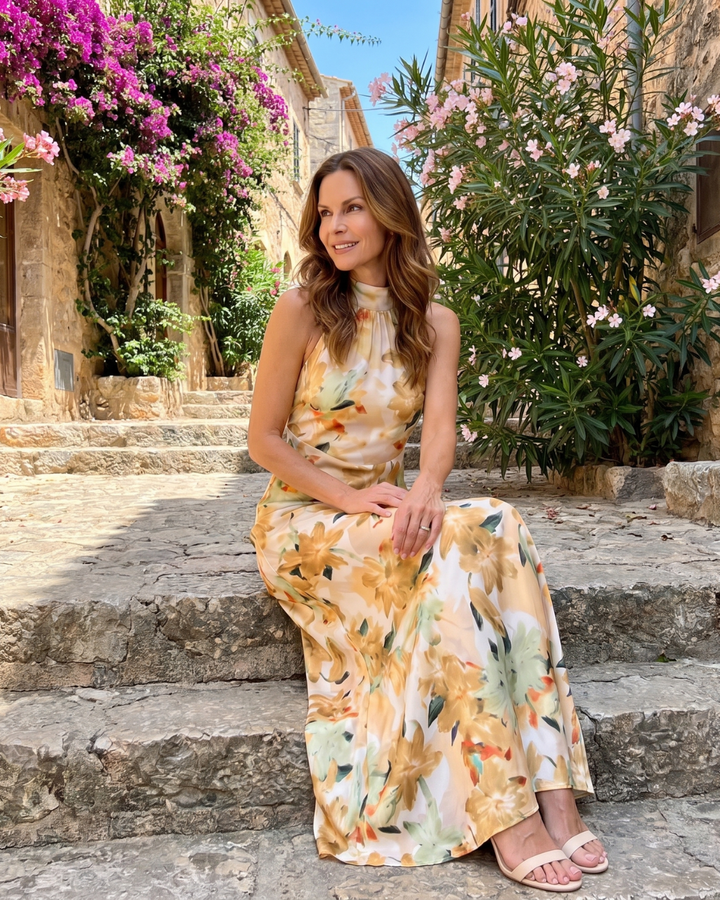 Cekel | Botanical Print Halter Neck Flowing Maxi Dress