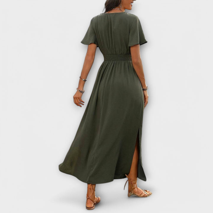 Heather - Elegant Boho Dress with V-Neck and Long Sleeves