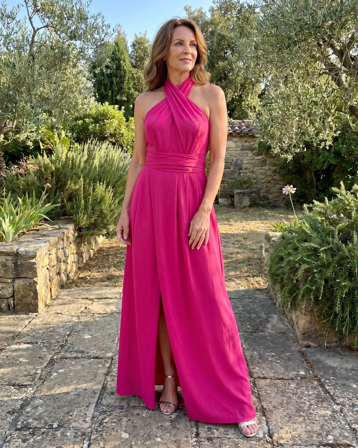 Cipa | Cross Halter Sleeveless Draped Maxi Dress