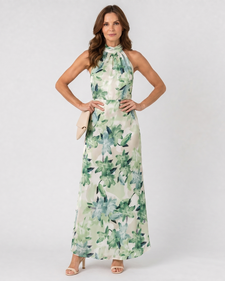 Cekel | Botanical Print Halter Neck Flowing Maxi Dress