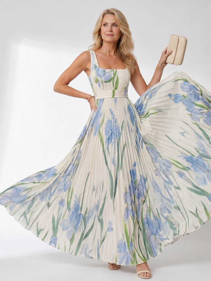 Vimele | Pleated Sleeveless Square Neck Maxi Dress