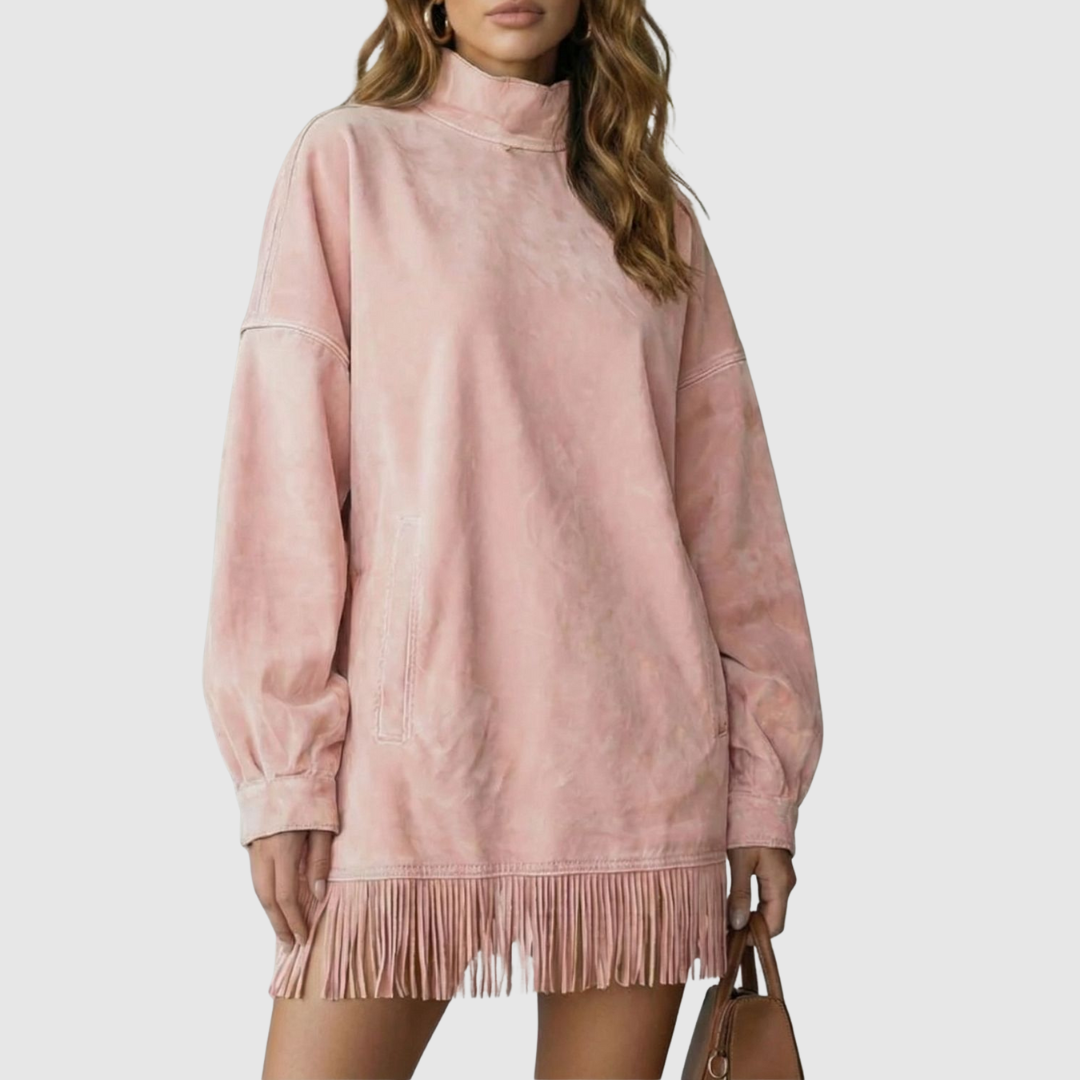 Viretta | Suede Fringe Detail Turtleneck Mini Dress
