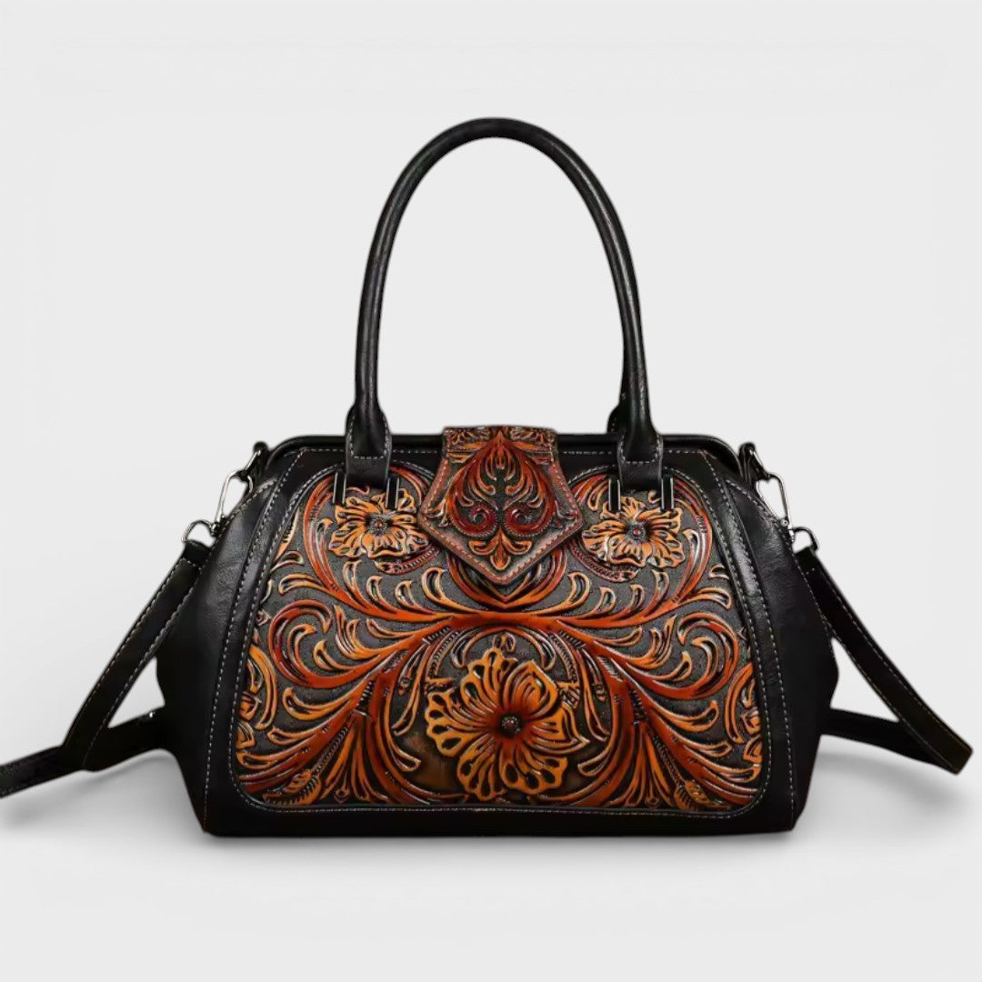 Florina - Leather Handbag with Engraving and Floral Pattern