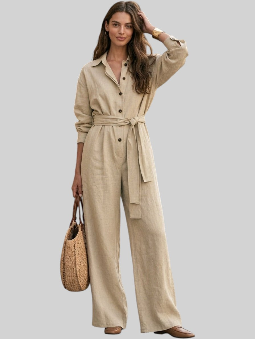 Naomi Khaki Cotton-Linen Jumpsuit - detail
