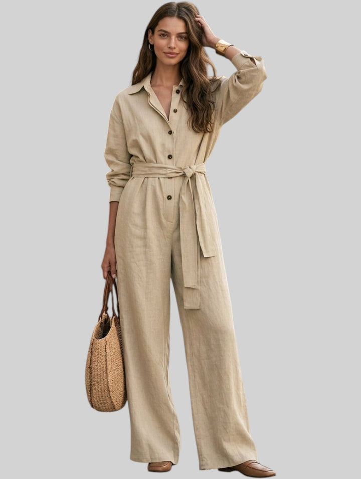 Naomi Khaki Cotton-Linen Jumpsuit - detail