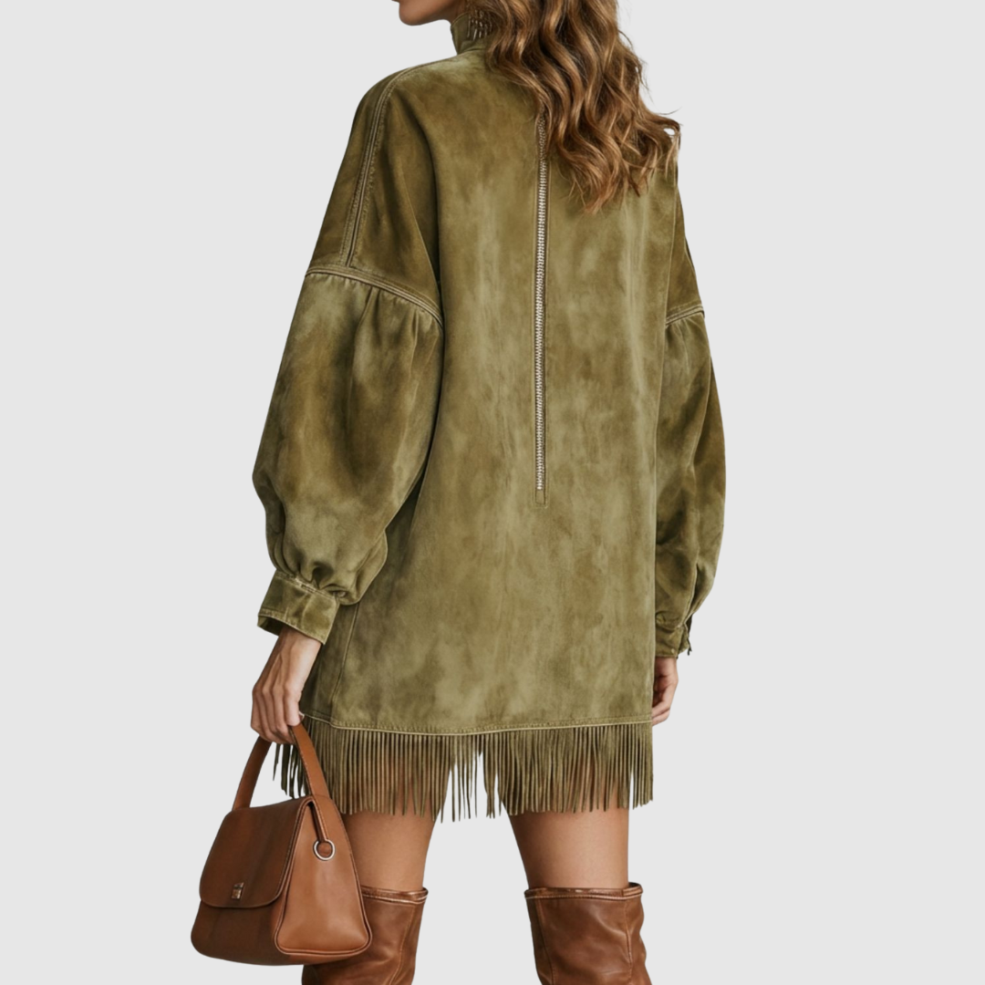 Viretta | Suede Fringe Detail Turtleneck Mini Dress
