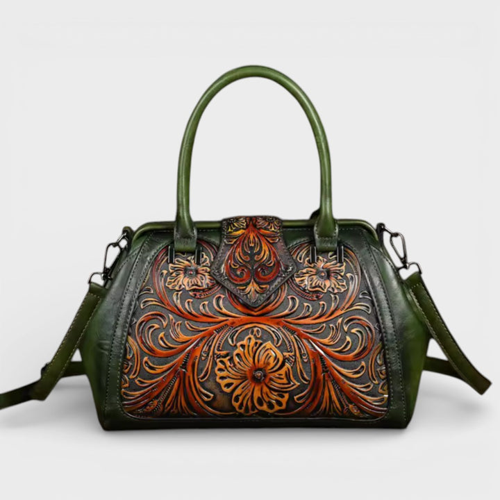 Florina - Leather Handbag with Engraving and Floral Pattern