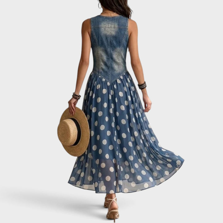 Camille | Polka Dot Denim Midi Dress