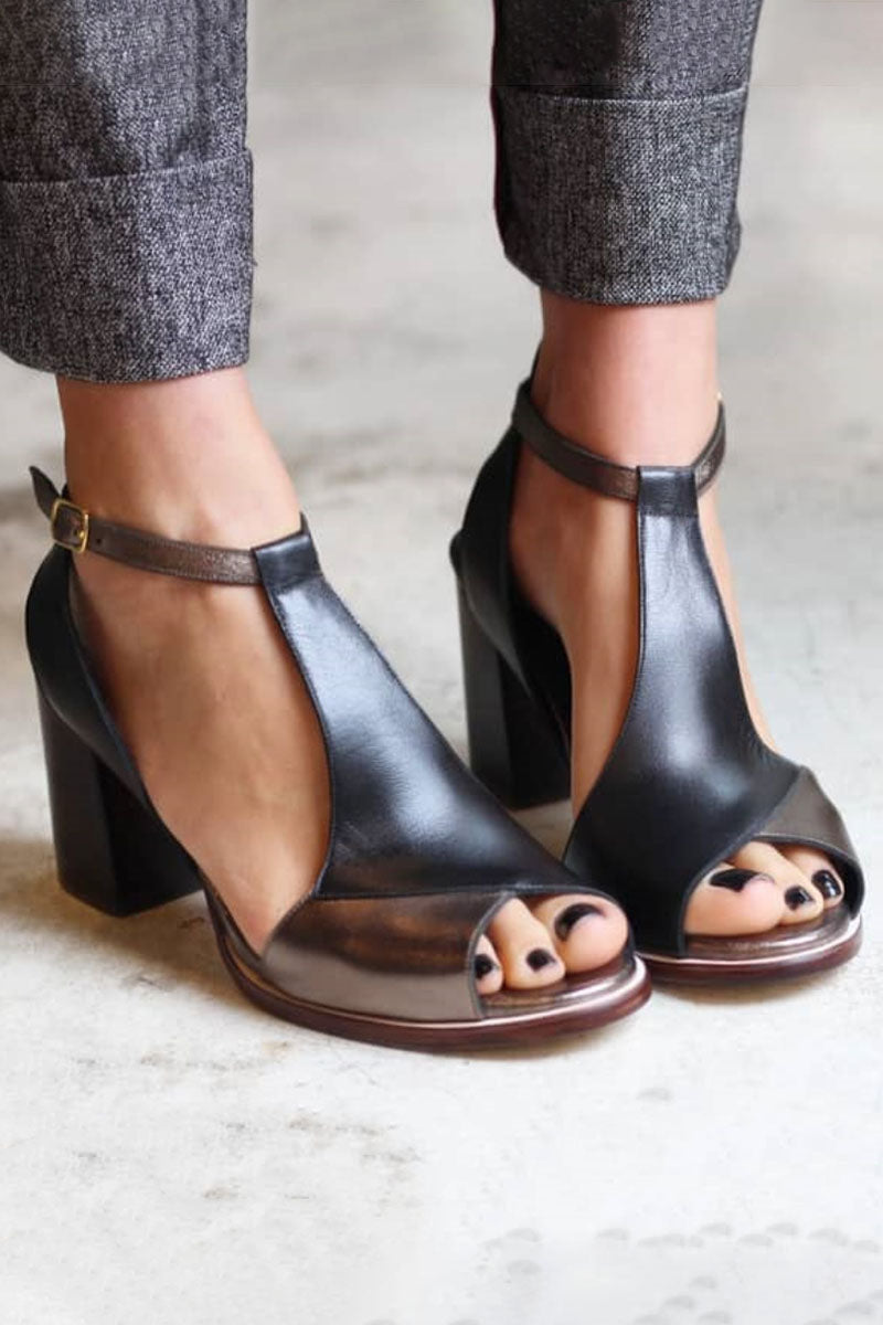 Anyao™ Elegant High Heels with Open Toe in Black Patchwork – Perfect for Any Occasion