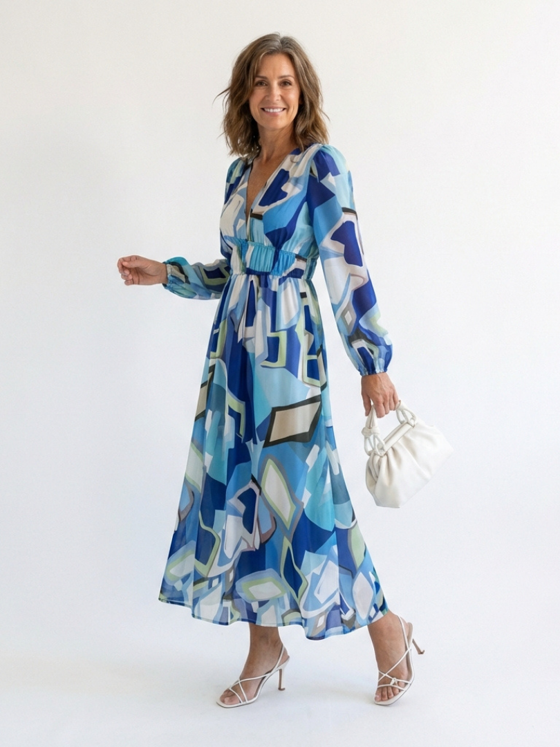 blue and white floral maxi dress long sleeve Baltic Born Womens Rumi Deep V Maxi Dress | Off White + Blue Floral