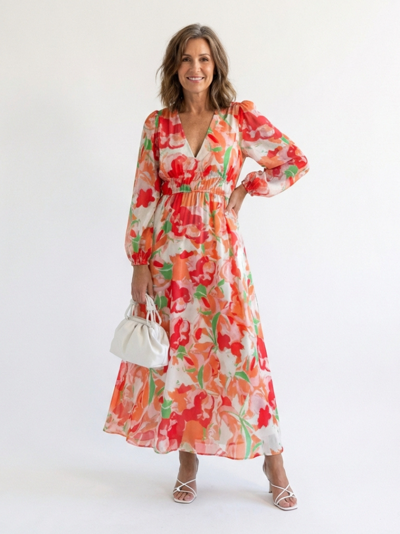 red floral long sleeve maxi dress Red Floral Cotton Maxi Dress - Hand Block Print Long Sleeve Tiered Dress