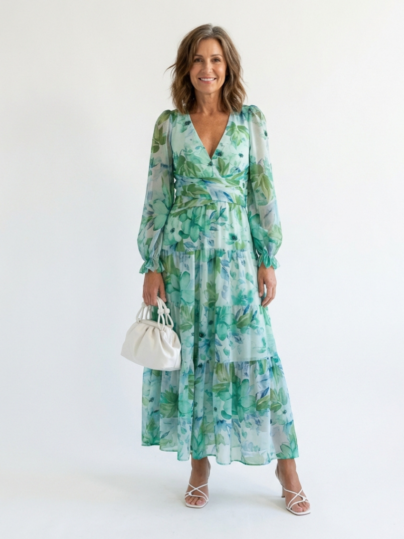 long sleeve green floral maxi dress Maya Meadow Green Floral Embroidered Maxi Sleeve Maxi Dress with Frill –  Maya Deluxe main image 1