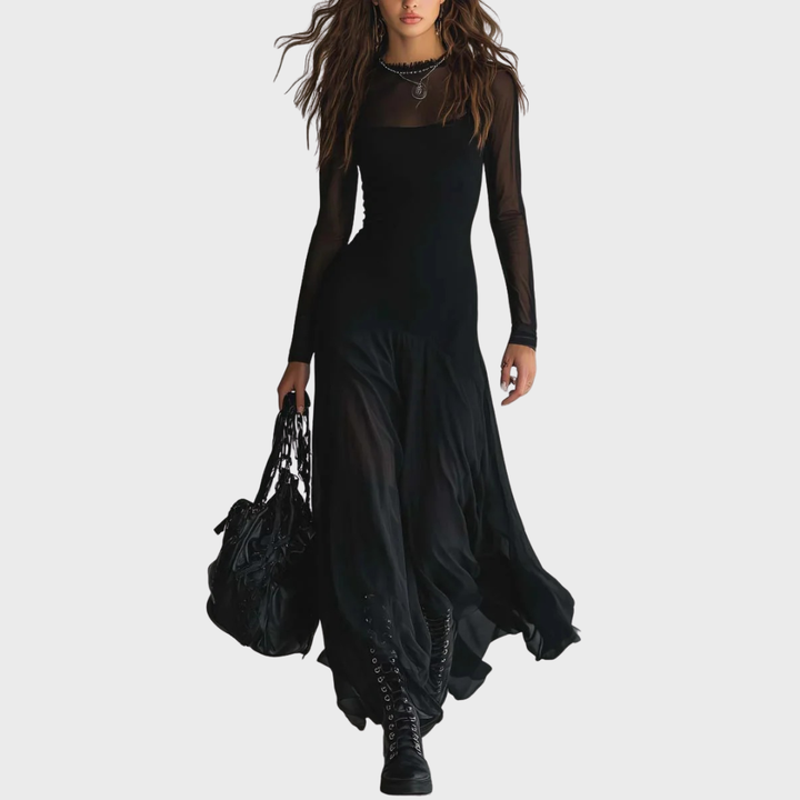 Athena | Black Tulle Patchwork Maxi Dress