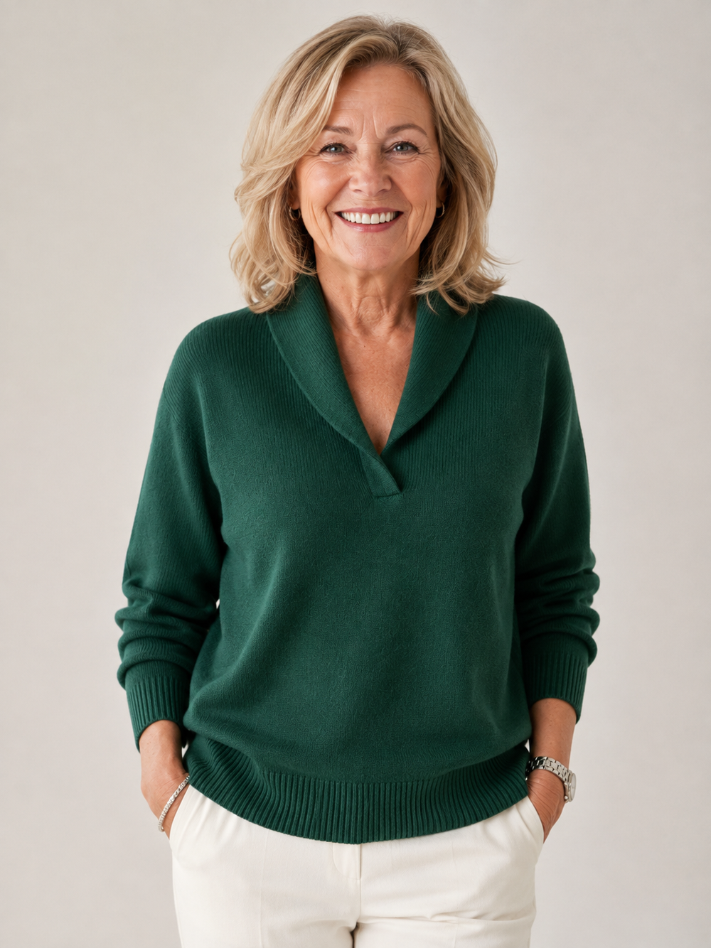 Adeline Soft V-Neck Sweater in Green, smiling model