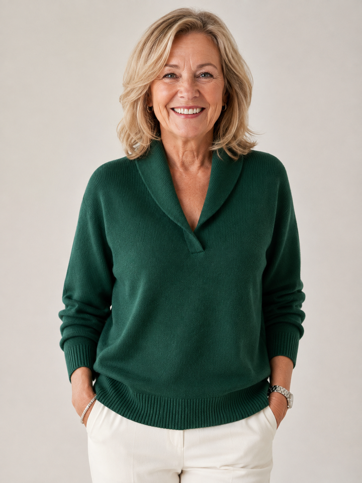 Adeline Soft V-Neck Sweater in Green, smiling model