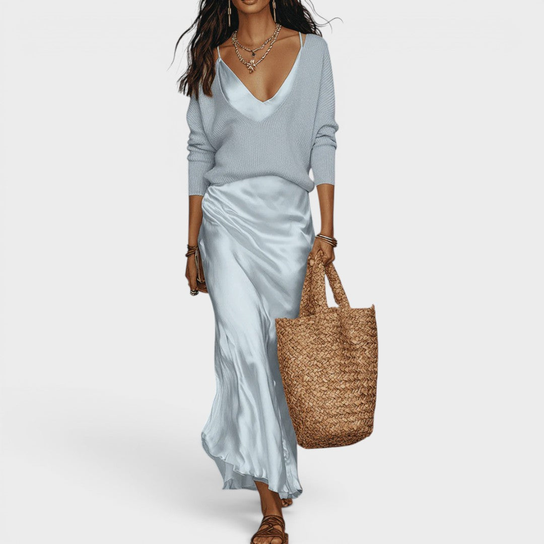 Chloe | Effortless Ivory Knit & Satin Midi Set