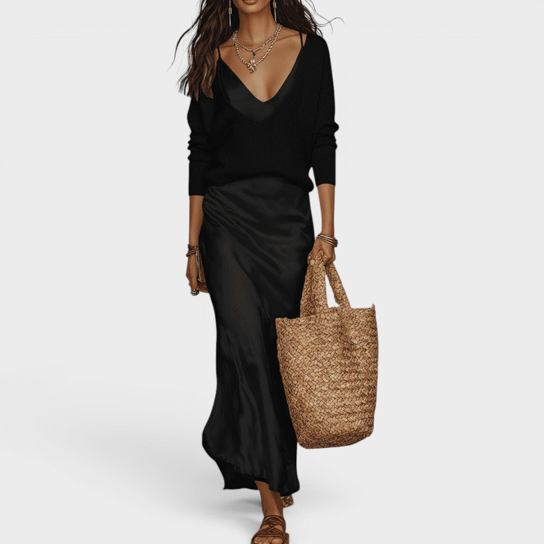 Chloe | Effortless Ivory Knit & Satin Midi Set