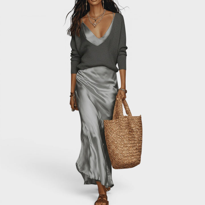 Chloe | Effortless Ivory Knit & Satin Midi Set
