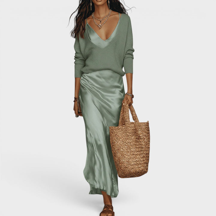 Chloe | Effortless Ivory Knit & Satin Midi Set