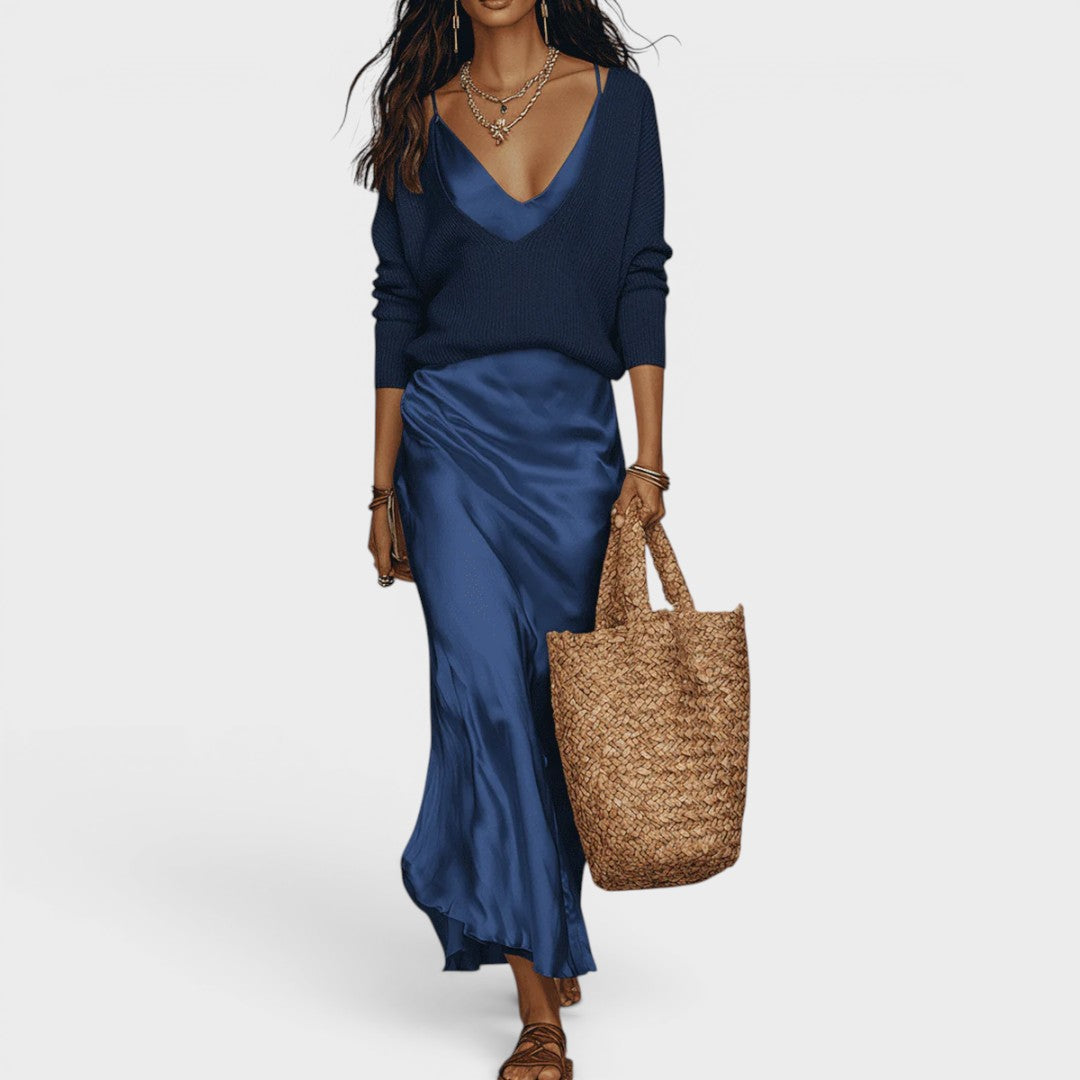 Chloe | Effortless Ivory Knit & Satin Midi Set