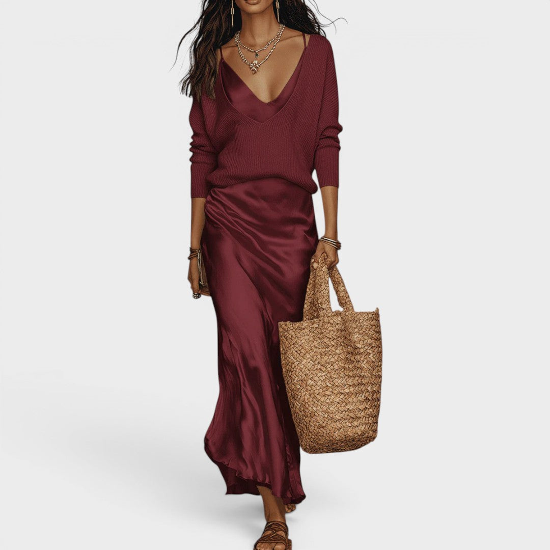 Chloe | Effortless Ivory Knit & Satin Midi Set