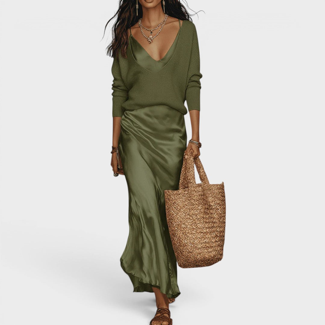 Chloe | Effortless Ivory Knit & Satin Midi Set