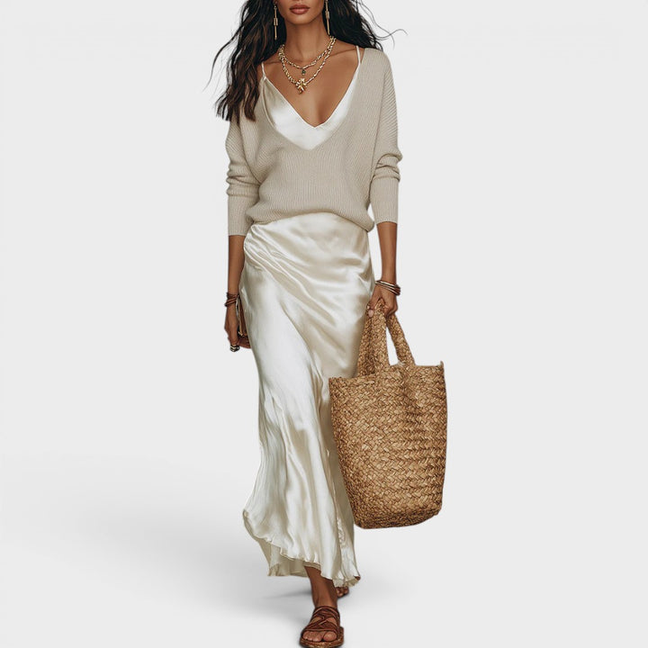 Chloe | Effortless Ivory Knit & Satin Midi Set