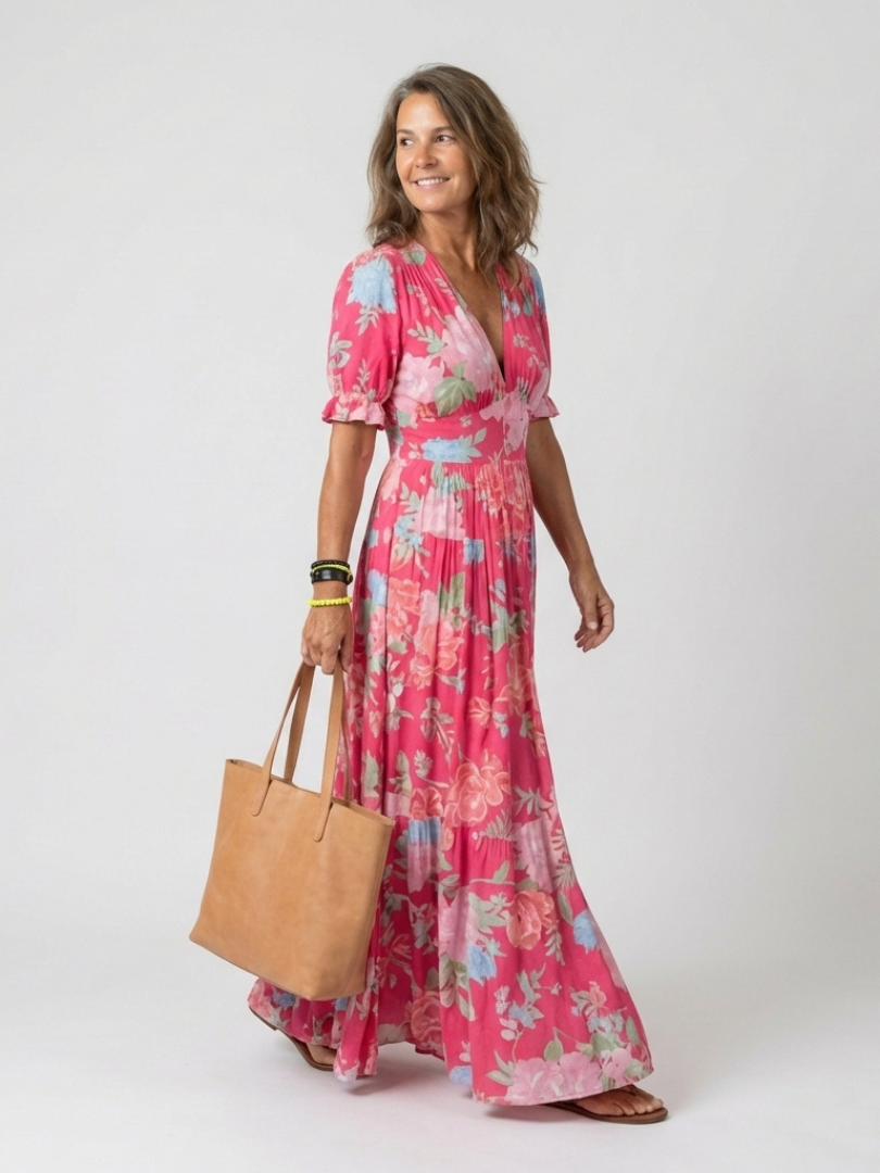 Ione | Short Sleeve V Neck Floral Maxi Dress