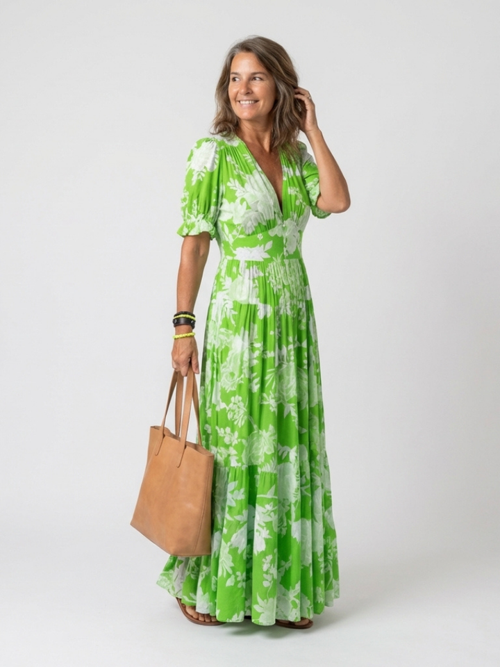 Ione | Short Sleeve V Neck Floral Maxi Dress
