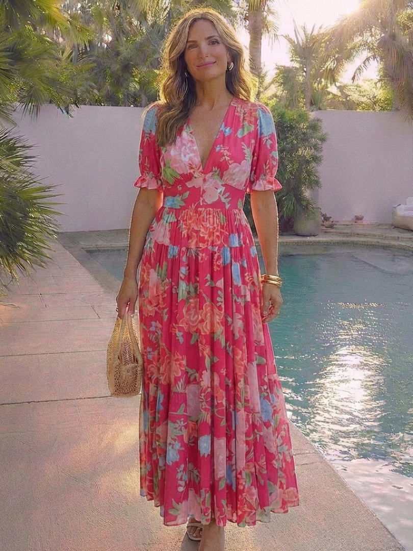 Ione | Short Sleeve V Neck Floral Maxi Dress