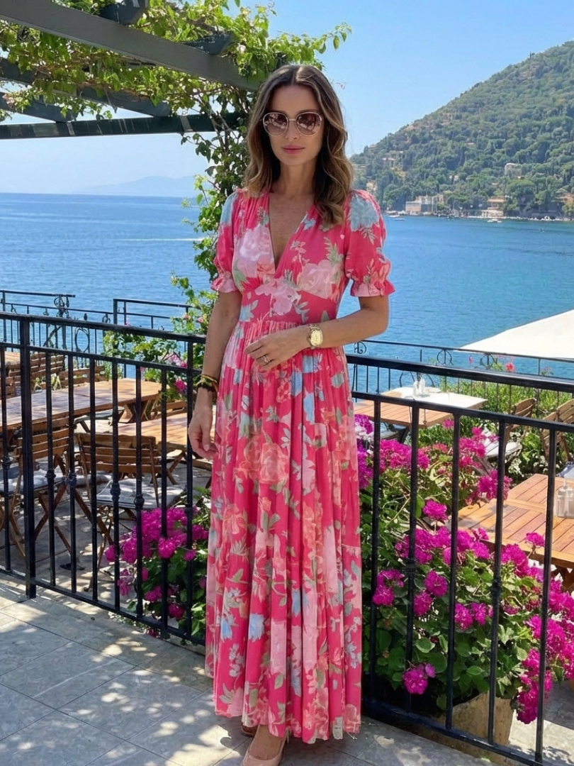 Ione | Short Sleeve V Neck Floral Maxi Dress