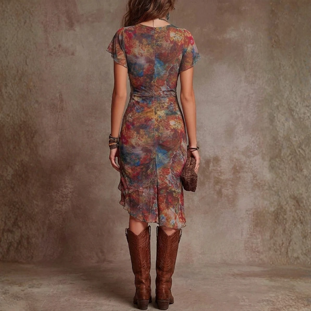 Judy | Bohemian Abstract V-Neck Pleated Midi Dress