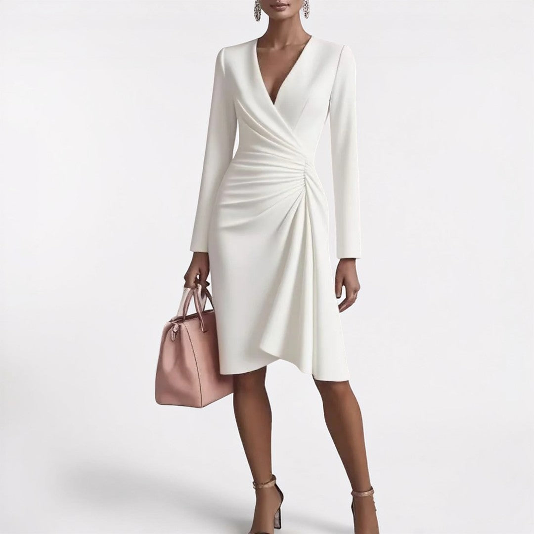 Lauren | Solid color long-sleeved V-neck pleated dress