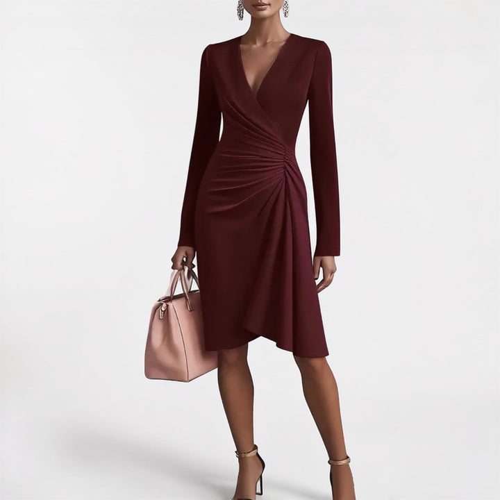 Lauren | Solid color long-sleeved V-neck pleated dress