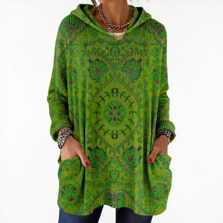 Rizza | Retro Ethnic Print Hooded Knit Tunic