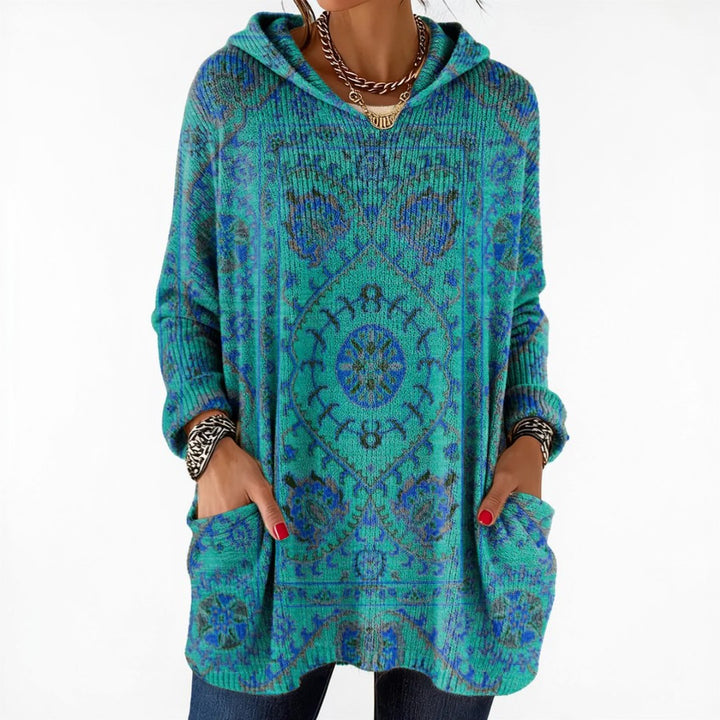 Rizza | Retro Ethnic Print Hooded Knit Tunic