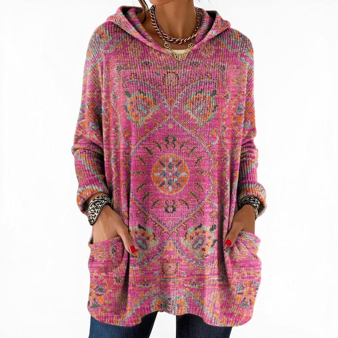 Rizza | Retro Ethnic Print Hooded Knit Tunic