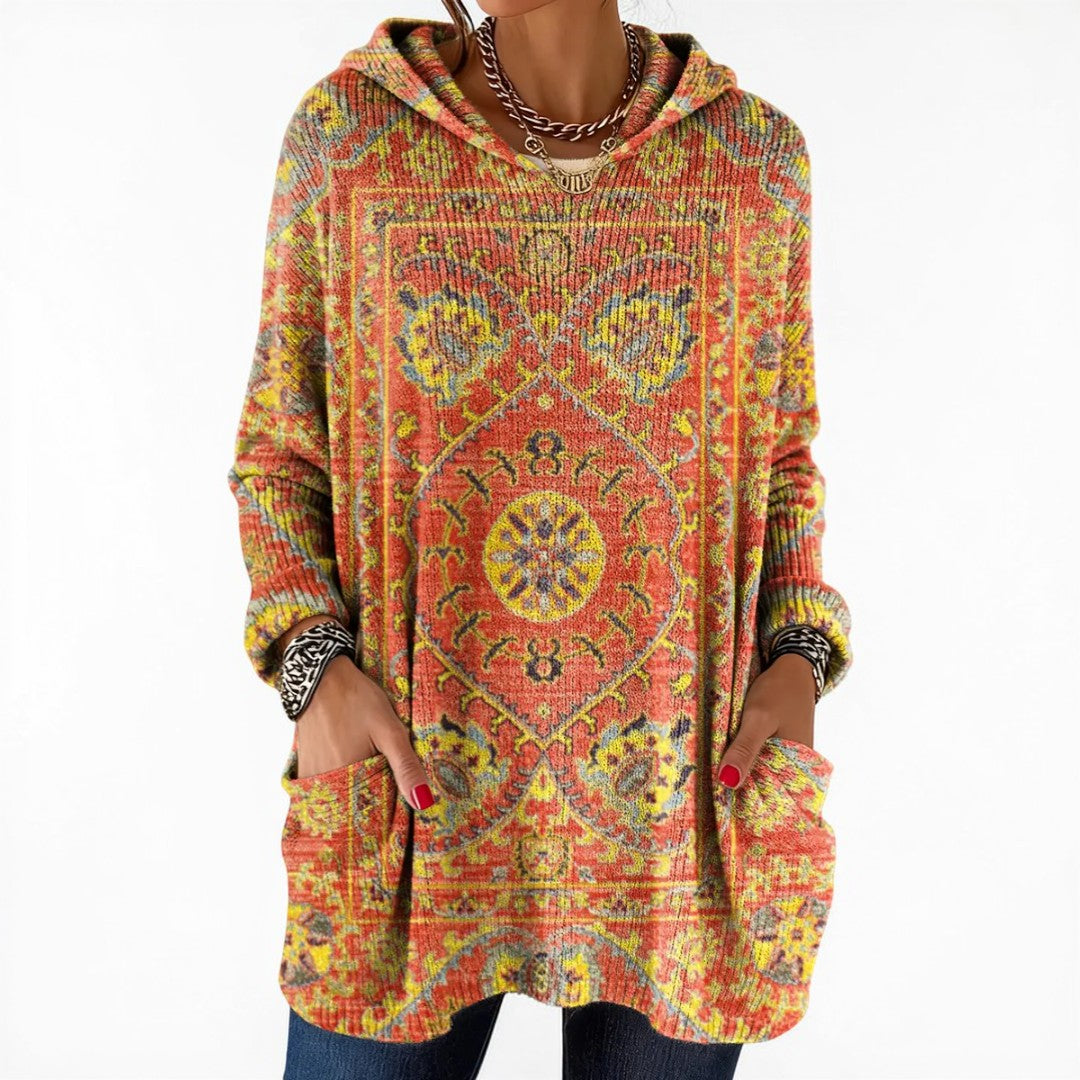 Rizza | Retro Ethnic Print Hooded Knit Tunic