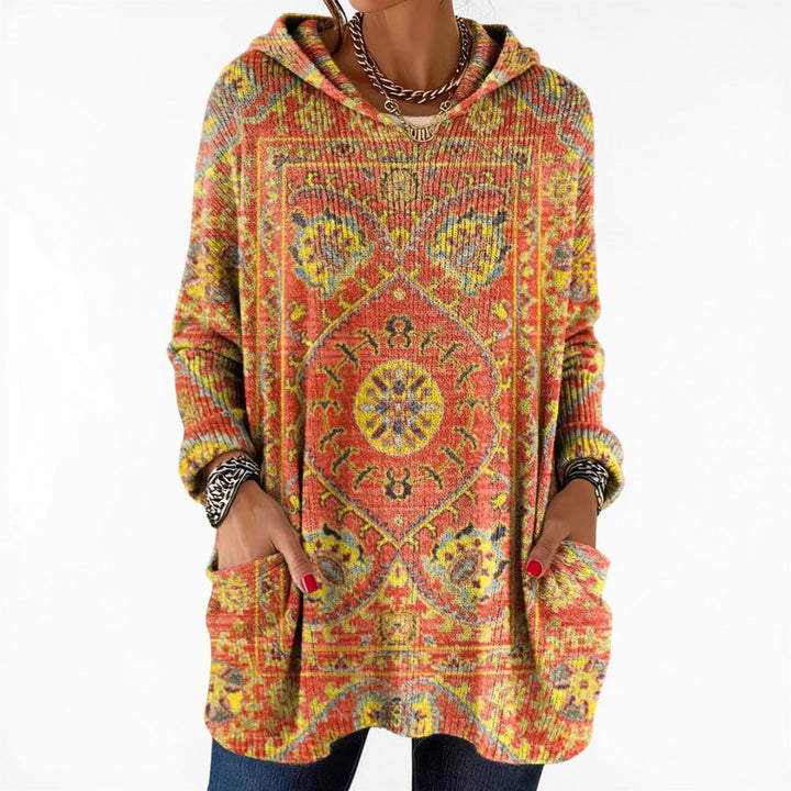 Rizza | Retro Ethnic Print Hooded Knit Tunic