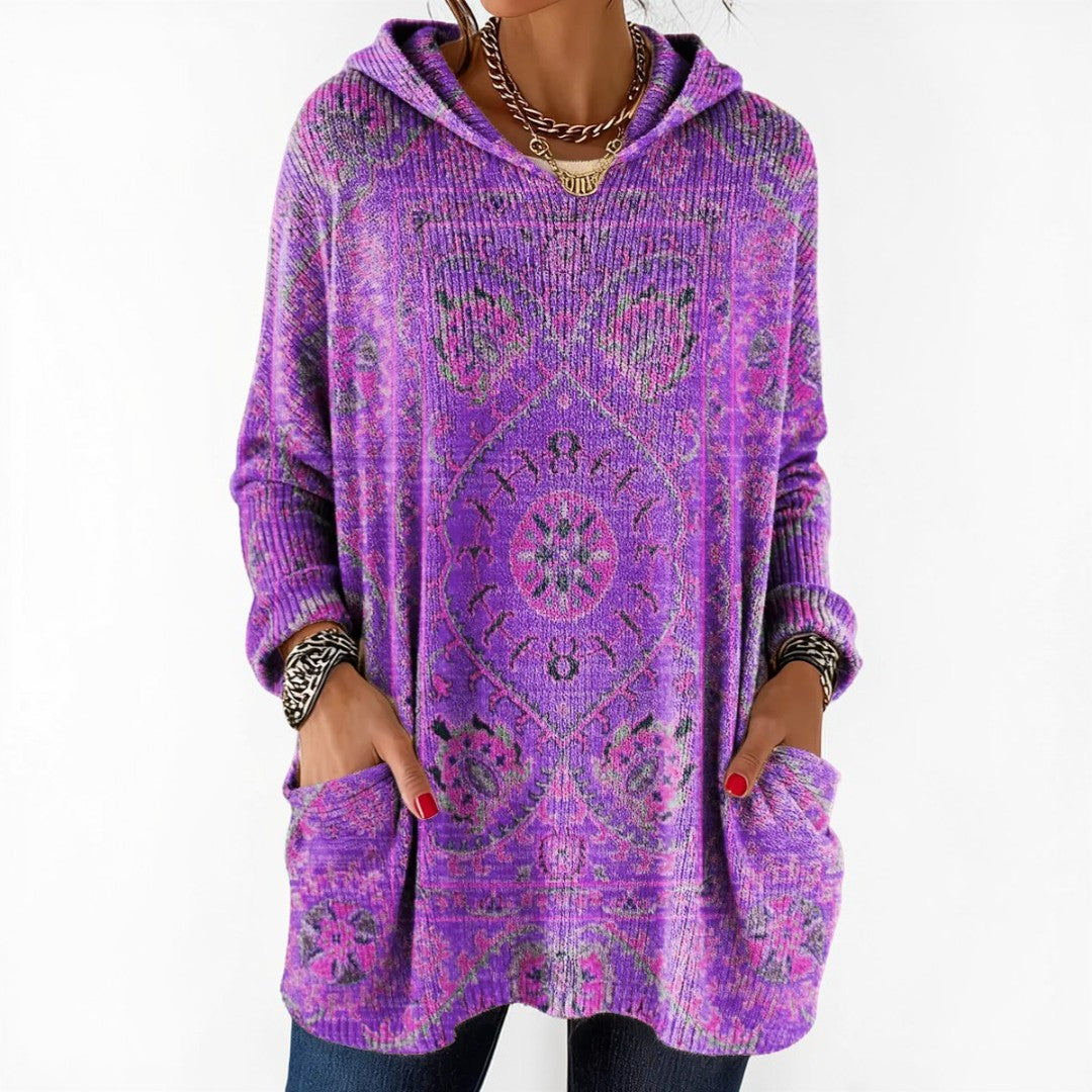 Rizza | Retro Ethnic Print Hooded Knit Tunic