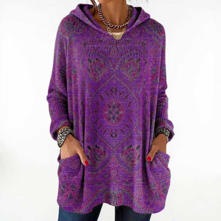 Rizza | Retro Ethnic Print Hooded Knit Tunic